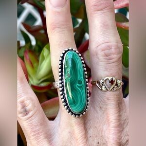 😵 Malachite banded Long oval ring 7 dark green swirl 925 Sterling silver plate